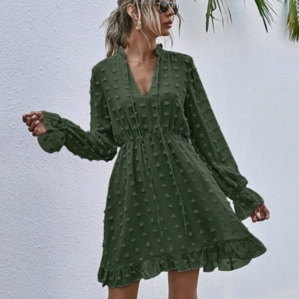 SHEIN Swiss Dot Tie Neck A-line Dress